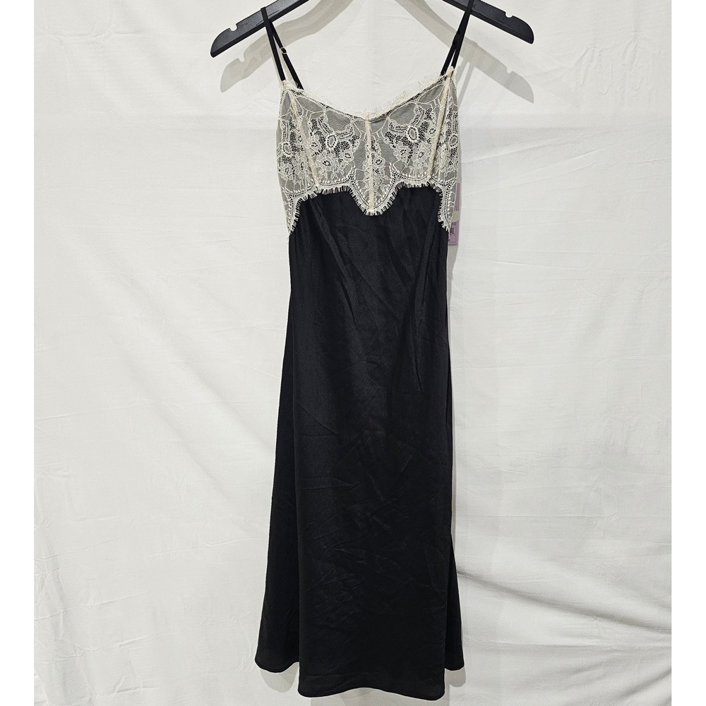 New Wild Fable XS Black Satin Elegant Romantic Glam Lace Trim Midi Slip Dress